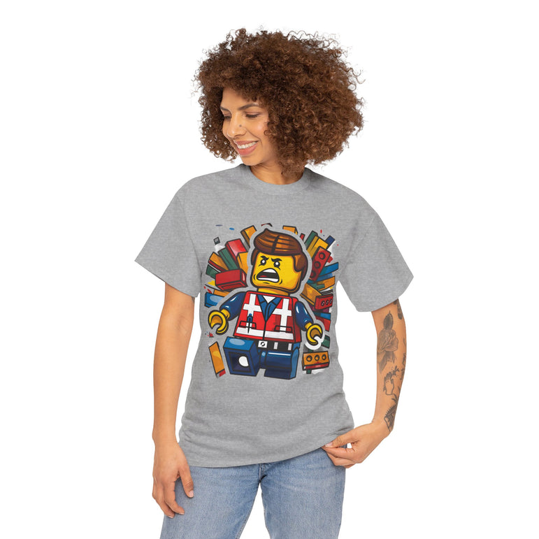 Surprised LEGO Minifigure in Brick Explosion T-Shirt