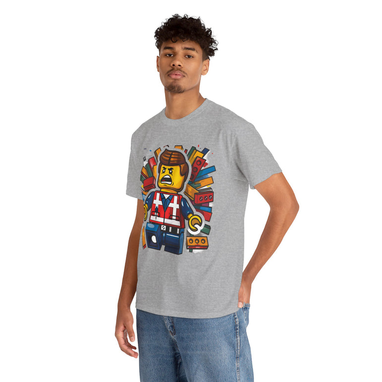 Surprised LEGO Minifigure in Brick Explosion T-Shirt