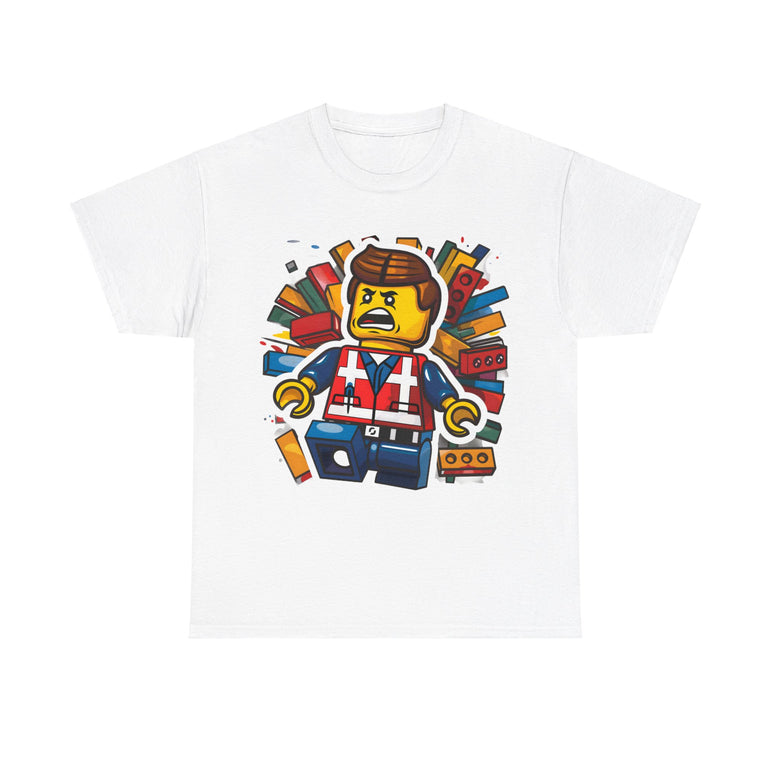 Surprised LEGO Minifigure in Brick Explosion T-Shirt