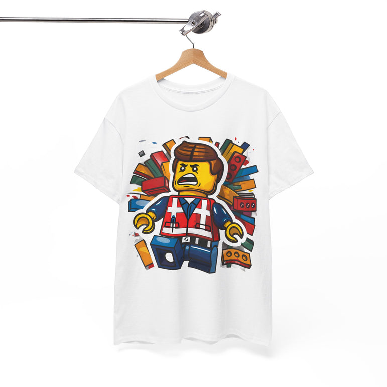 Surprised LEGO Minifigure in Brick Explosion T-Shirt