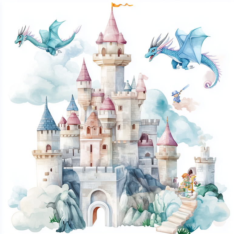 Enchanting Pastel Castle Clipart with Dragons & Knights Watercolour