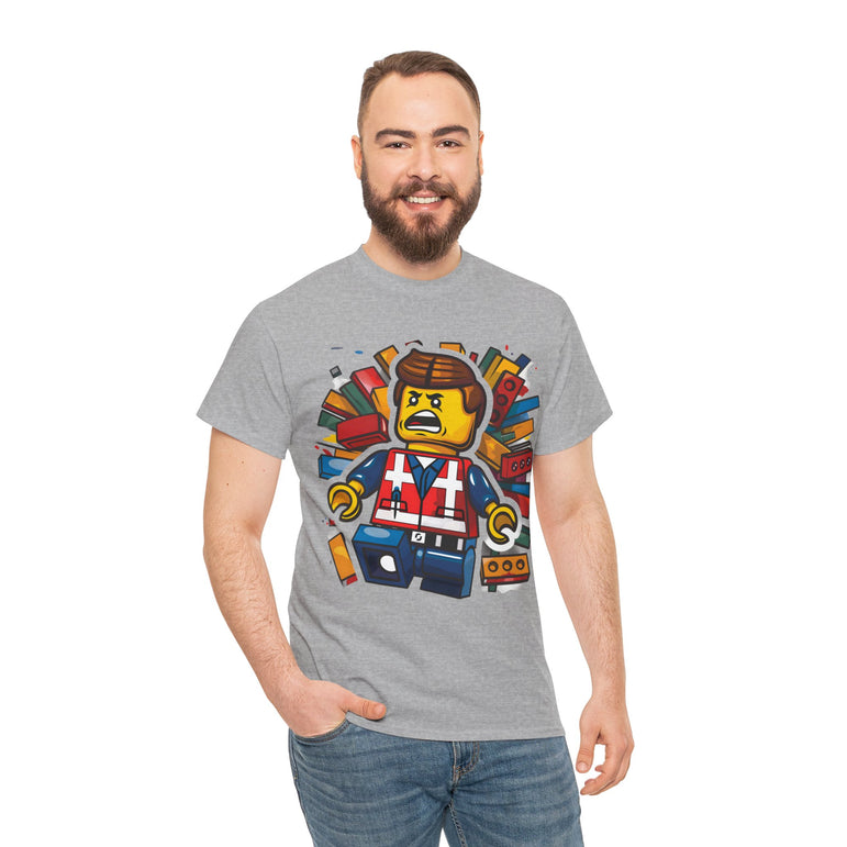 Surprised LEGO Minifigure in Brick Explosion T-Shirt