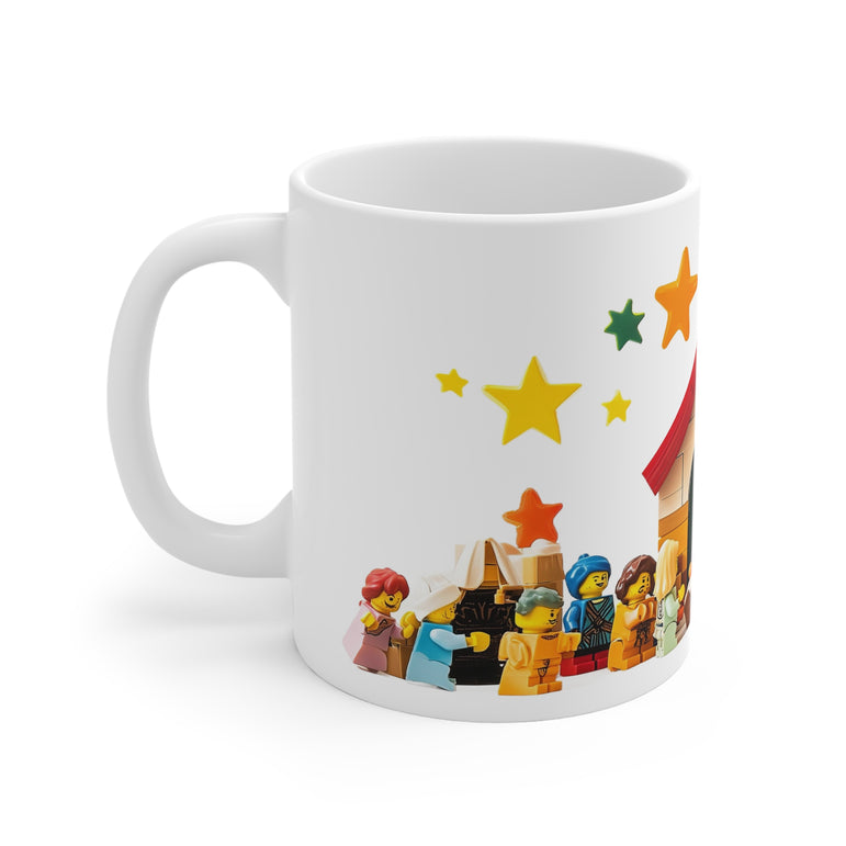 Vivid Watercolour LEGO Nativity Scene Ceramic Mug – Festive Holiday Drinkware