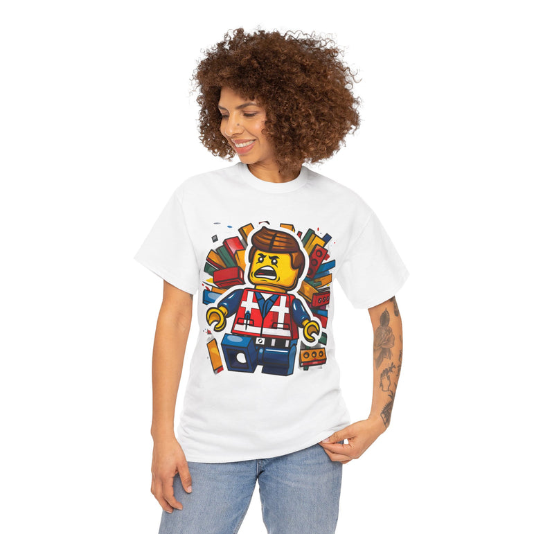 Surprised LEGO Minifigure in Brick Explosion T-Shirt