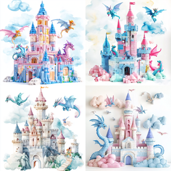 Enchanting Pastel Castle Clipart with Dragons & Knights Watercolour