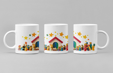 Vivid Watercolour LEGO Nativity Scene Ceramic Mug – Festive Holiday Drinkware